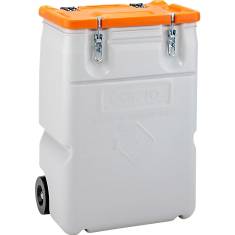 Conteneur en plastique blanc avec couvercle orange, roues, fermetures de sécurité et lettrage.