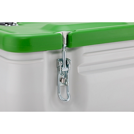Gros plan sur un conteneur blanc avec un couvercle vert. Une fermeture métallique est fixée.