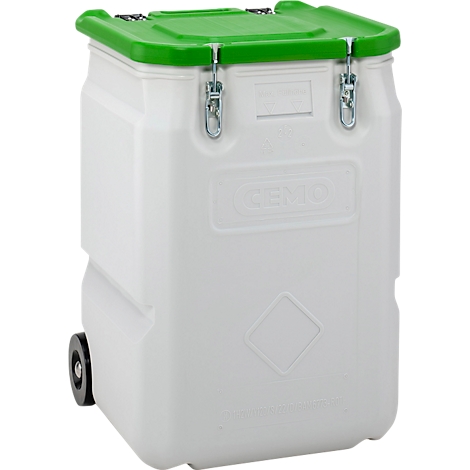 Conteneur en plastique blanc, roulant, avec couvercle vert et fermoirs métalliques. Le logo "CENJO" est clairement visible.