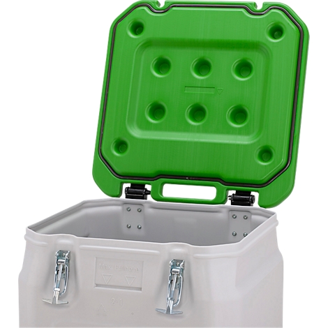 Offene, graue Transportbox mit grünem Deckel. Der Deckel ist mit 6 runden Öffnungen versehen.