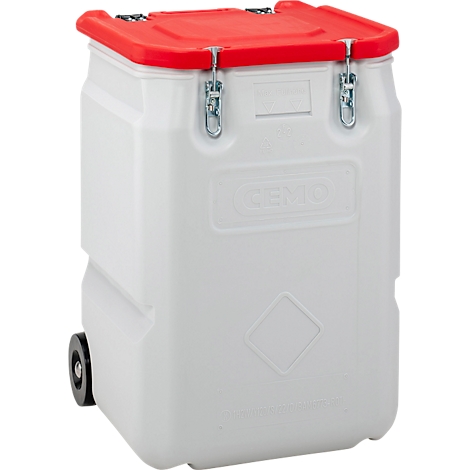Weißer Container mit rotem Deckel, silbernen Verschlüssen und Rollen. Das Logo CEMO ist erkennbar.