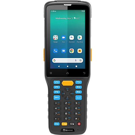 Industrie-Smartphone mit Touchscreen, physischer Tastatur, gelben Seitentasten und Firmenlogo.