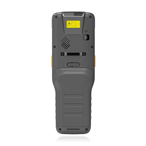 Rückansicht eines schwarzen Barcode-Scanners mit gelbem Etikett, Lautsprecher und Knöpfen.