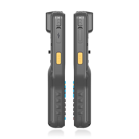 Handheld-Barcode-Scanner, grau und gelb, mit Touchscreen und Tastatur.