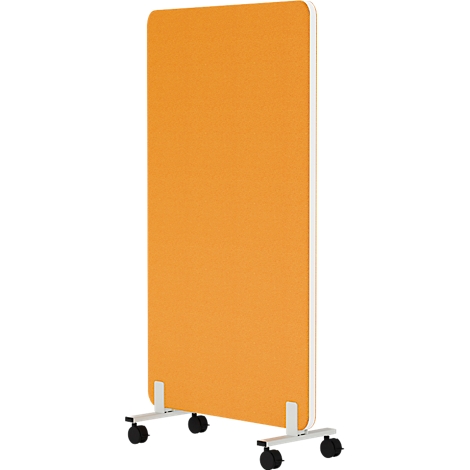 Orangefarbene, rollbare Raumabtrennung mit weißem Rahmen.