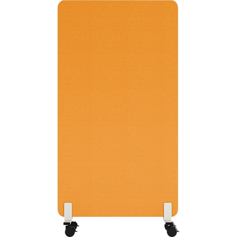 Orangefarbener Raumteiler, rechteckig, auf Rollen.
