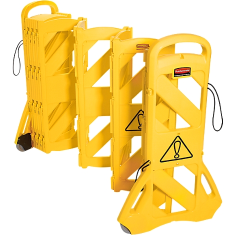 Yellow, foldable barrier with warning sign, wheels and handle. "Rubbermaid" logo.