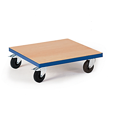 A wooden trolley with four wheels on a white background. The platform is light brown, surrounded by a blue frame.