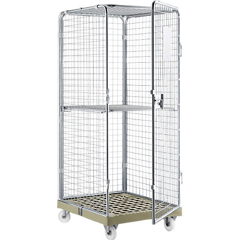 Metal rolling cart, open door, shelf inside, on wheels.