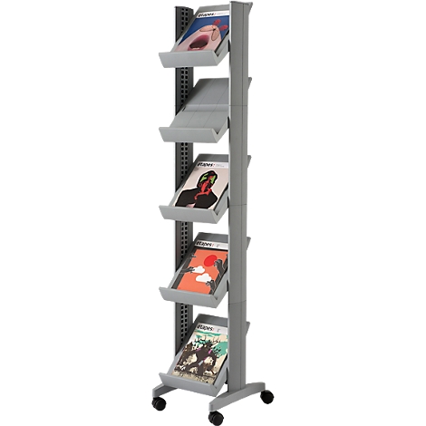 Gray magazine stand with four shelves filled with magazines. The stand has rollers.
