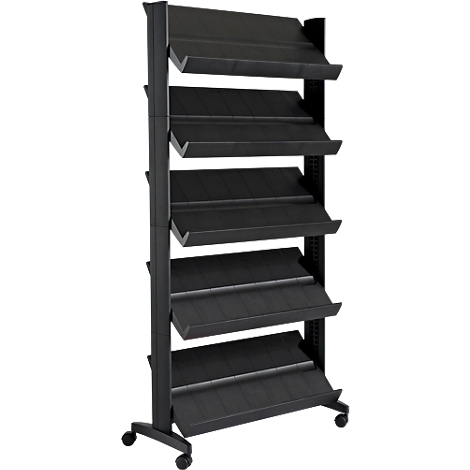 Black, freestanding display rack with six slanted shelves on wheels.