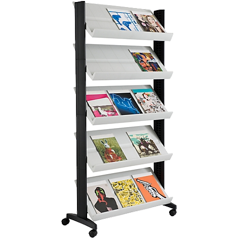 Black, rolling magazine rack with five white shelves filled with magazines.
