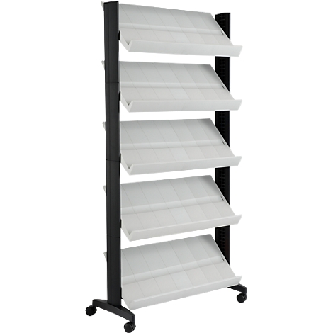 A black, rolling shelf with five white, sloped shelves. It is in front of a white background.