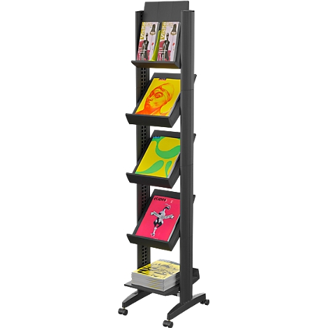 Black magazine rack with several compartments filled with books. Wheels at the bottom.