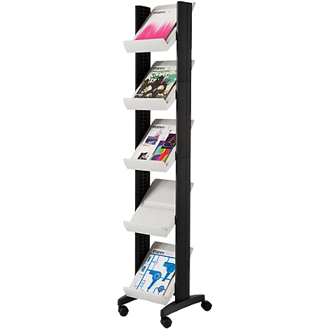 Black brochure stand with four shelves, filled with brochures. On wheels. Each shelf contains a brochure with colorful illustrations.