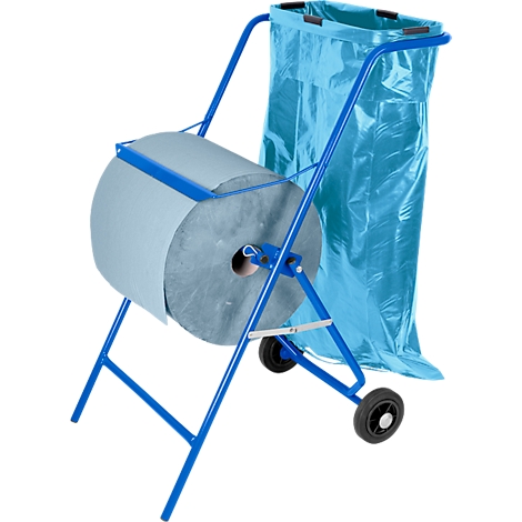 Blue cart with paper roll and trash bag. Cart has wheels, paper roll is grey.