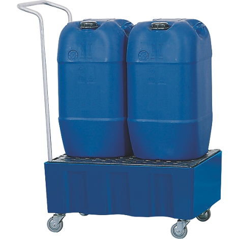 Blue transport trolley with two blue canisters. The trolley has wheels and a silver handle.