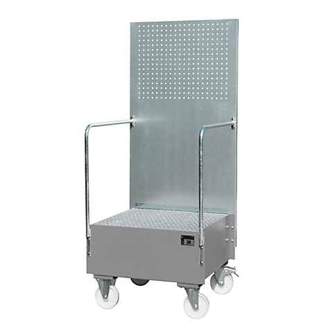 Grey work stool with castors, seat with handles and perforated sheet metal backrest.