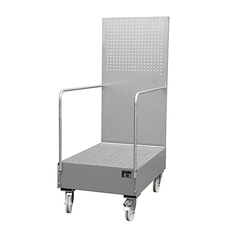 Grey service cart with backrest and castors, perforated and with handles. On a white background.