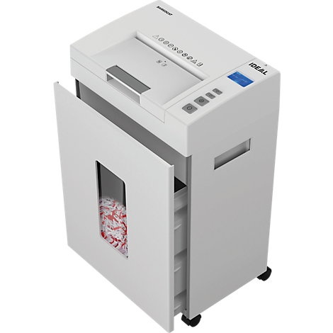 A white paper shredder with the door open. A basket of shredded paper is visible below. The word IDEAL can be seen on the right.