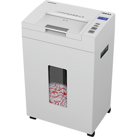 White paper shredder with paper visible in a window. Control panel with "IDEAL" and buttons.