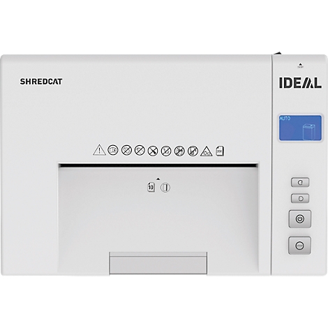 White paper shredder with control panel. The words SHREDCAT and IDEAL are visible. Symbols and buttons.