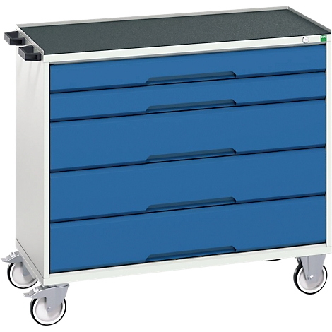 Tool cart with four blue drawers, black top, and wheels.