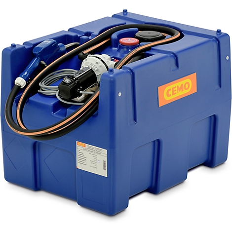 Blue mobile fuel tank. Hose, fuel nozzle and sticker with tech data.