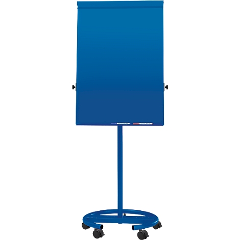 Blue flip chart on wheels. The top sheet is blank. At the bottom is a shelf for pens.
