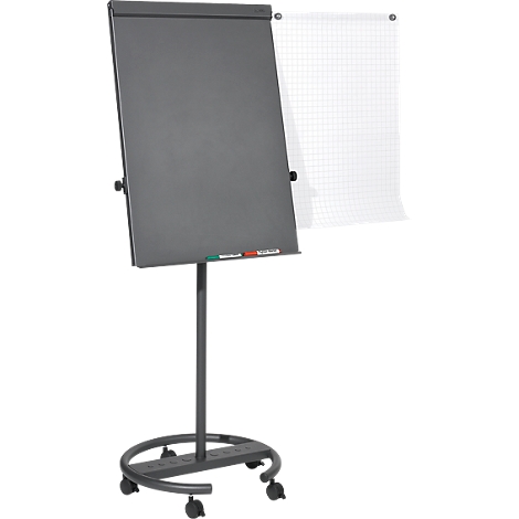 Grey flip chart on wheels, with a checkered film next to it. Pen holder with green and red markers.