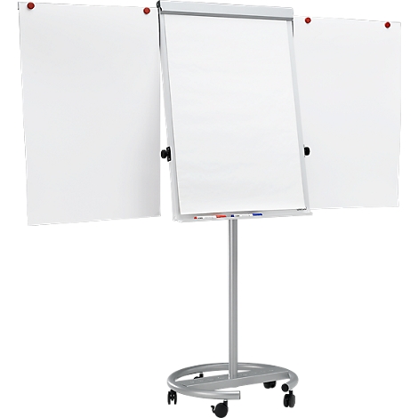 Whiteboard stand with three boards, pens, and wheels. The boards are blank, with red and blue magnets.