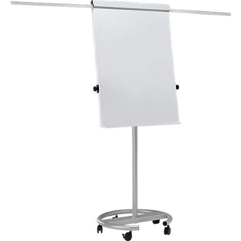Mobile flip chart stand with white paper on wheels. Silver colored frame, two brackets for paper fixation.