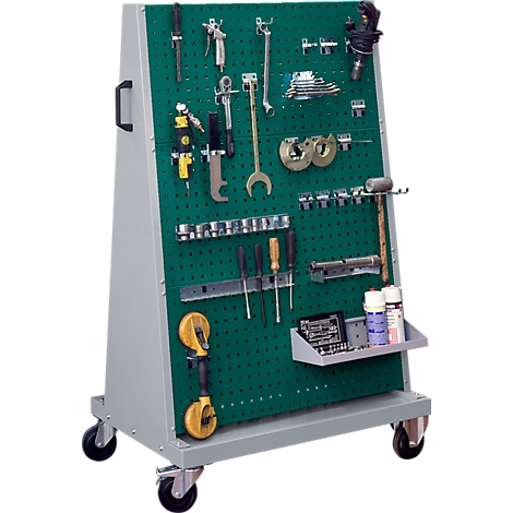 Tool cart with pegboard filled with tools. The cart is on wheels and is gray, the pegboard is green.