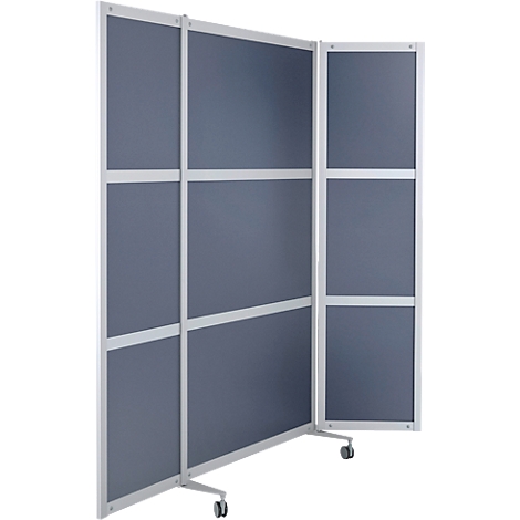 Three-part room divider with gray fabric and white frame, on wheels.