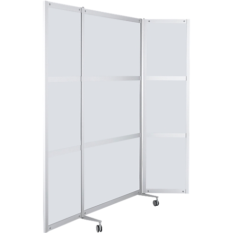 Three-part, mobile partition, silver frame, white surfaces, with castors.