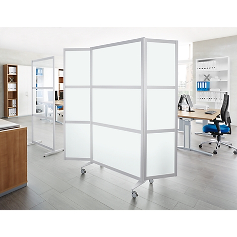 Office space featuring white mobile room dividers, desks, chairs, and shelving.