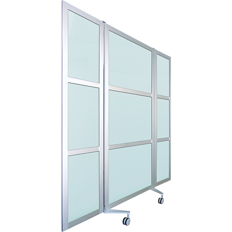 Mobile room divider with silver frames and glass panels. It stands on wheels.