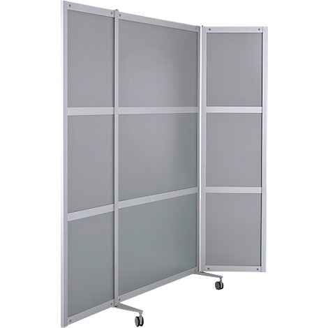 Gray, mobile room divider with wheels and white frames.