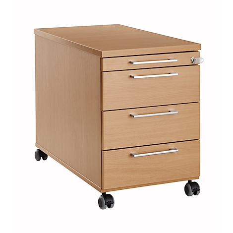 A wooden rolling file cabinet with three drawers and wheels.
