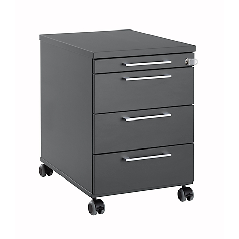 Dark gray rolling file cabinet with four drawers. The handles are silver, and it has a locking element.
