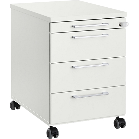 White rolling file cabinet with three drawers and wheels. Top drawer with lock. Silver handles.