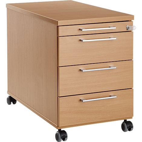 Beige mobile pedestal with three drawers, silver handles and castors.