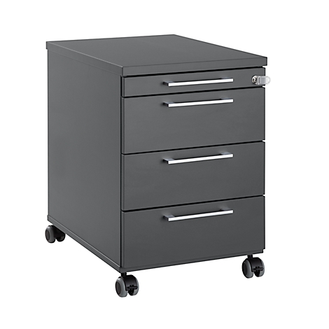 Dark gray rolling file cabinet with four drawers, silver handles and wheels. A lock is located on the top drawer.