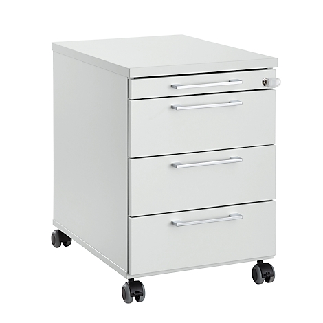 White rolling file cabinet with three drawers and wheels. There's a lock on the top drawer.