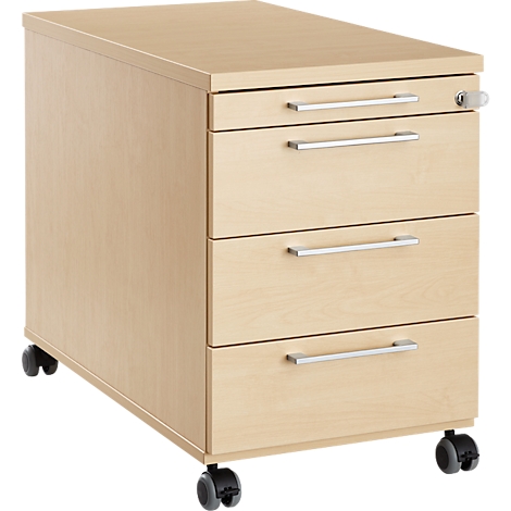 Beige mobile file cabinet with three drawers and silver handles. It stands on black casters.