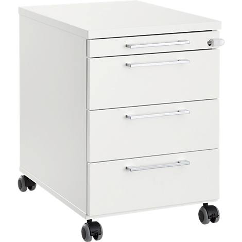 White rolling file cabinet with three drawers and silver handles. Key in top drawer. Wheels for mobility.