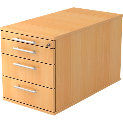 Wooden desk container with three drawers and silver handles. There is a lock on the top drawer.