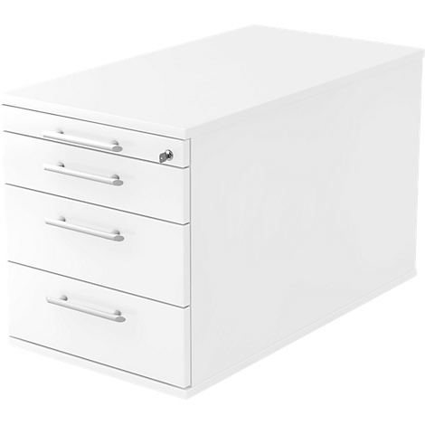 White pedestal with three drawers and silver handles. There is a keyhole on the top drawer.