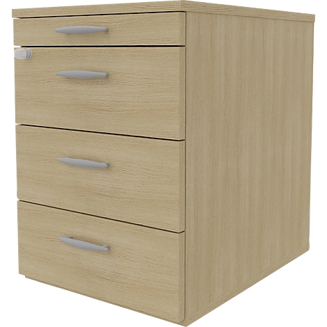 Beige desk cabinet with four drawers, silver handles, on a light background.