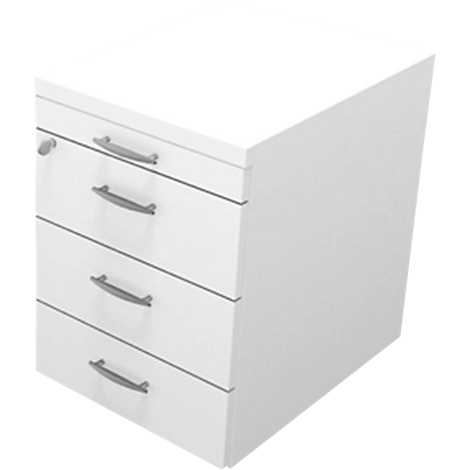 White chest of drawers with three drawers and silver handles.